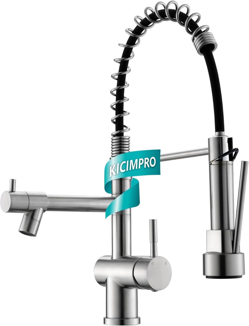 kicimpro Faucet for Kitchen Sink, Commercial Kitchen Faucet with Pull Down Sprayer Brushed Nickel Spring Single Handle High Arc Stainless Steel Kitchen Bar Sink Faucet 1 Hole Or 3 Hole Compatible - Image 1